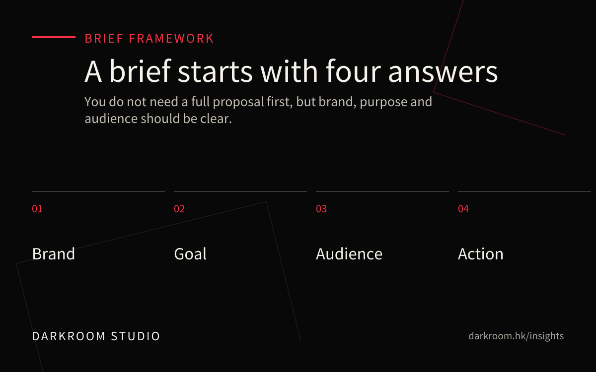 Video production brief framework showing brand, objective, audience and next action