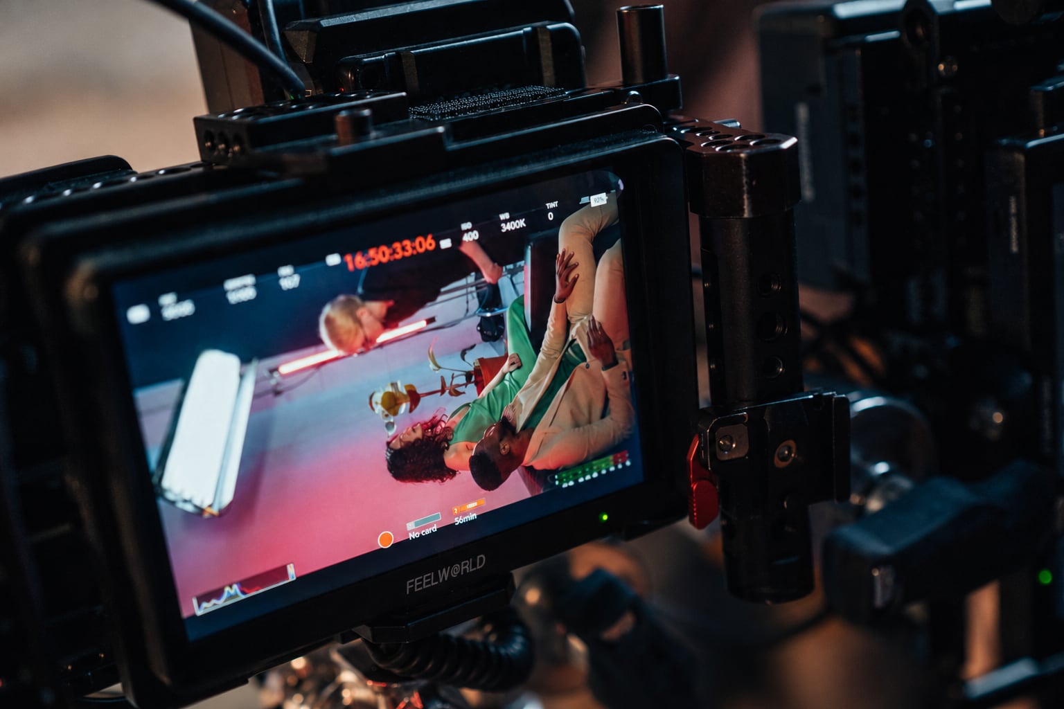 Close-up of a camera monitor during filming