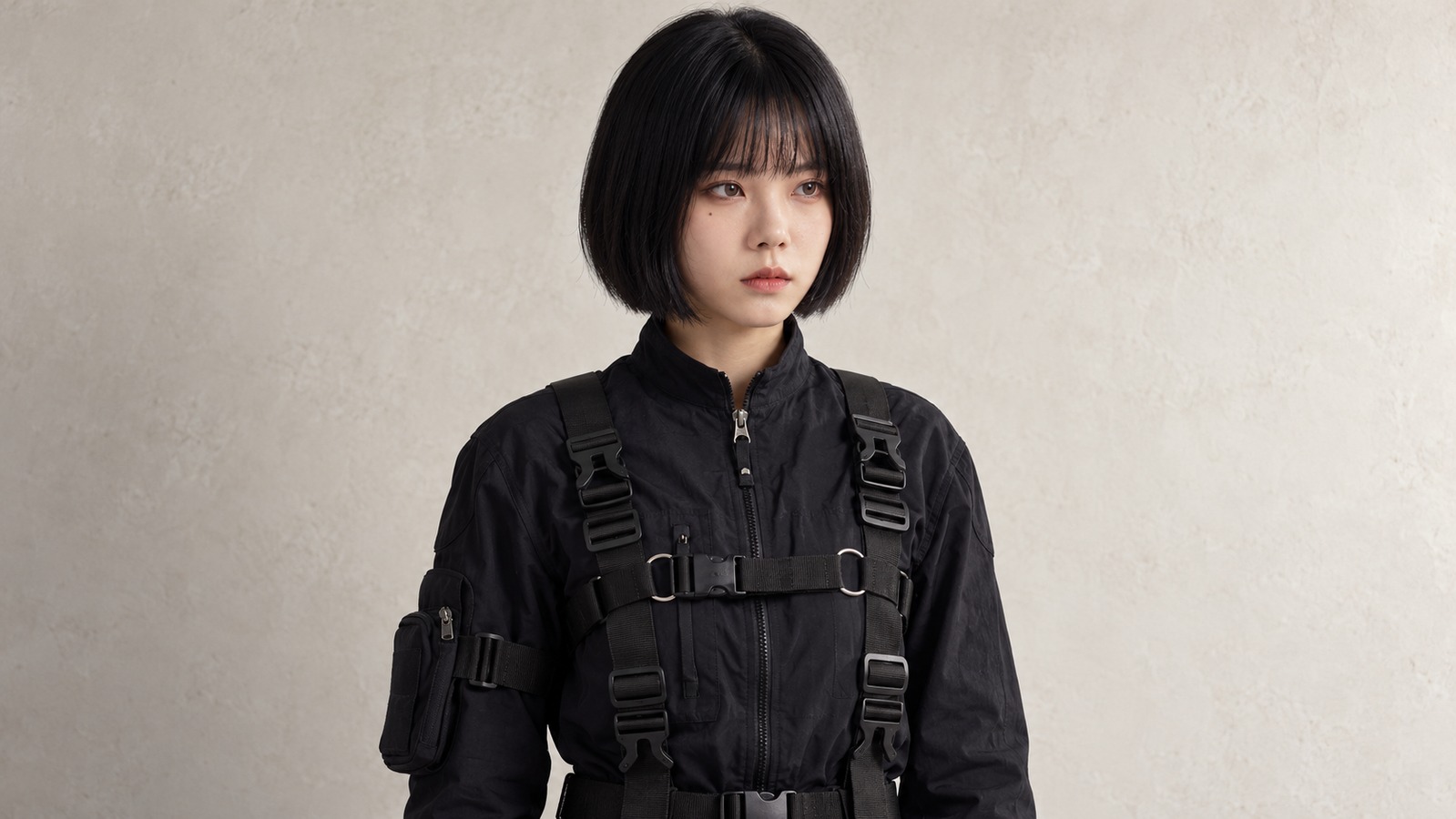 人物訪談照片：短髮受訪者穿深色服裝，側向光線呈現面部明暗與衣料細節。