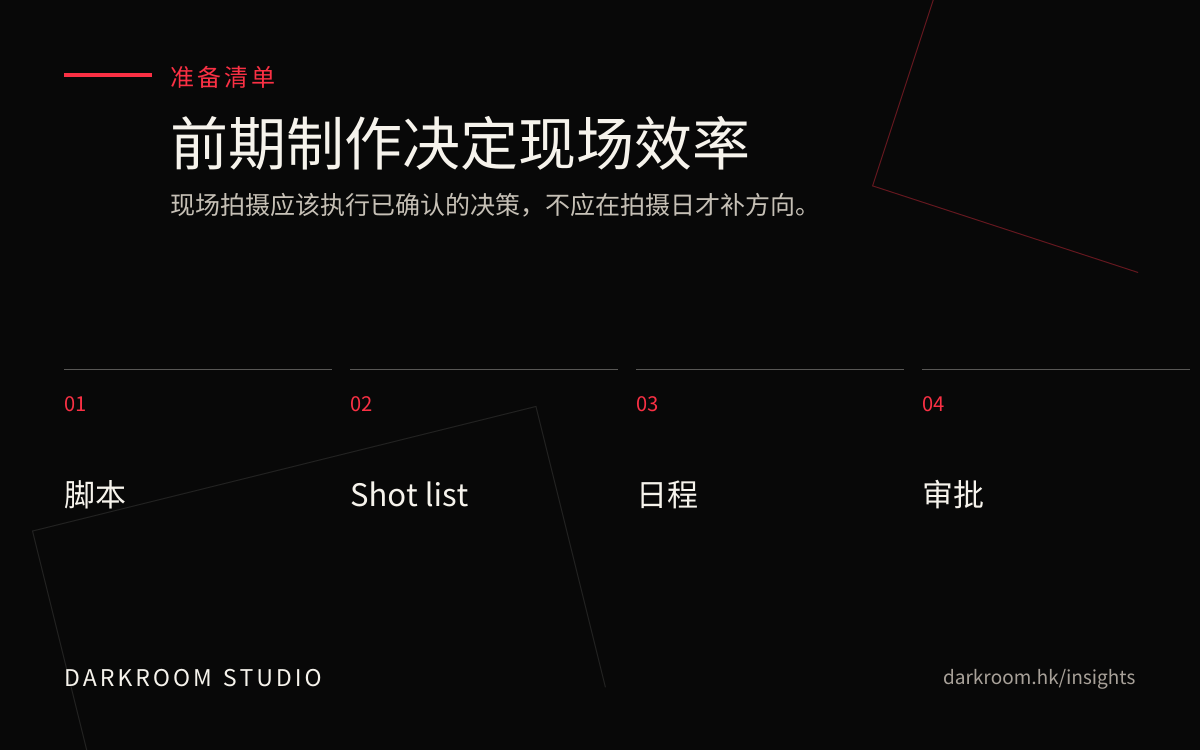 商业影片前期制作清单，包含脚本、分镜、日程和审批